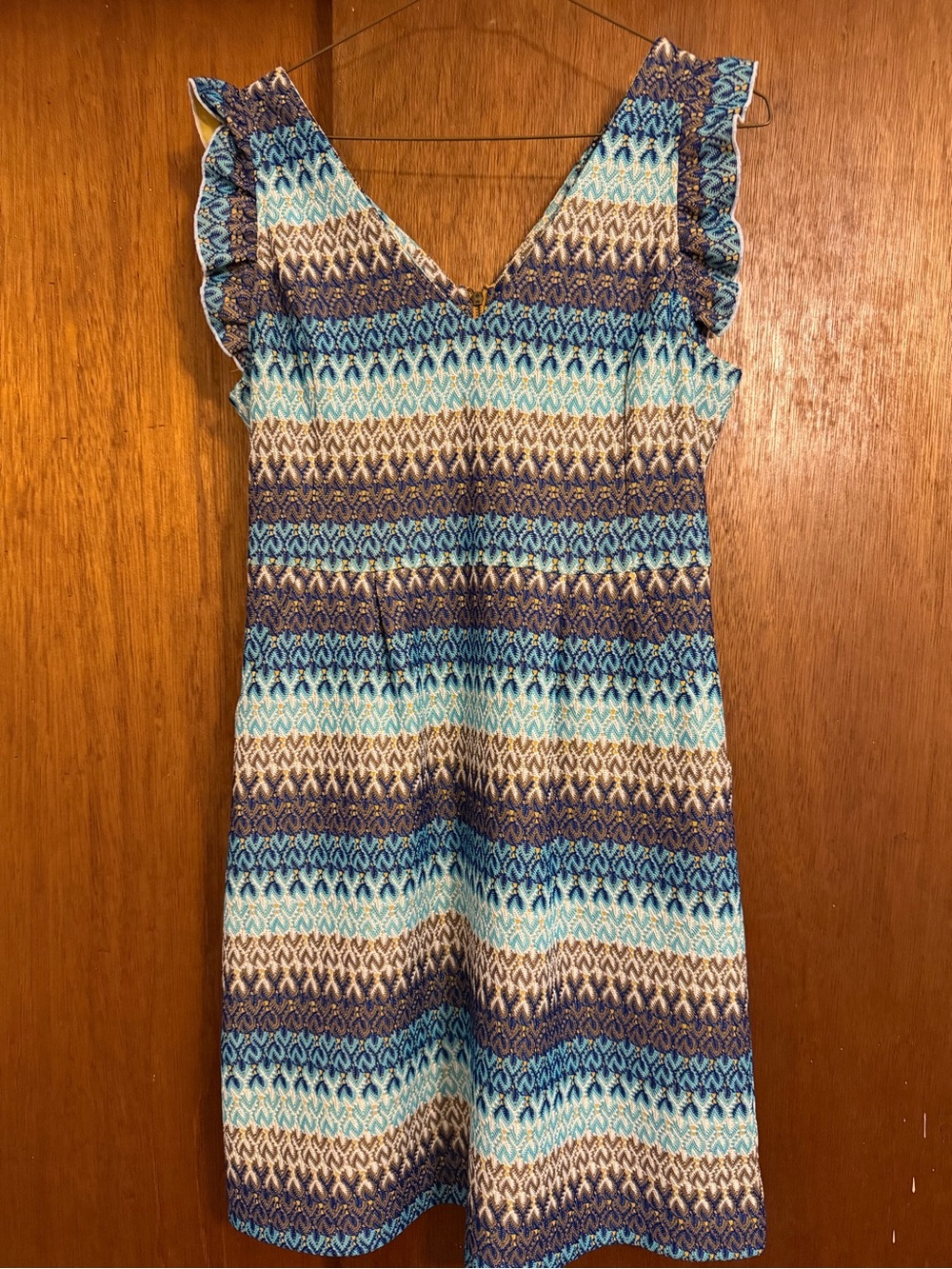 Tabitha Striped Blue & Cream Ruffle-Trim Midi Dress